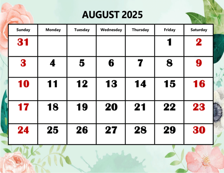 August Calendar 2025 with Holidays Printable