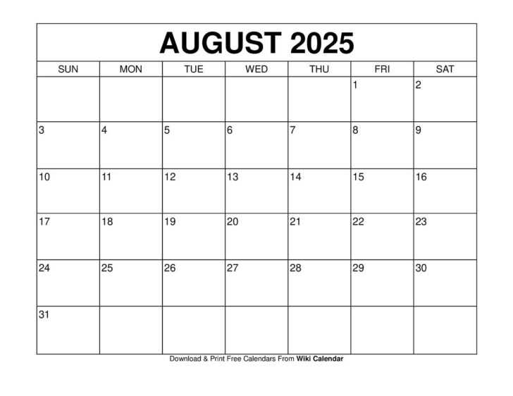 Show Me a Calendar For August 2025