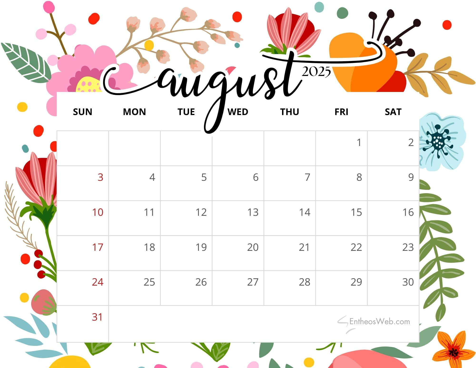 August 2025 Calendar Printables | Entheosweb for Calendar August 2025 Free