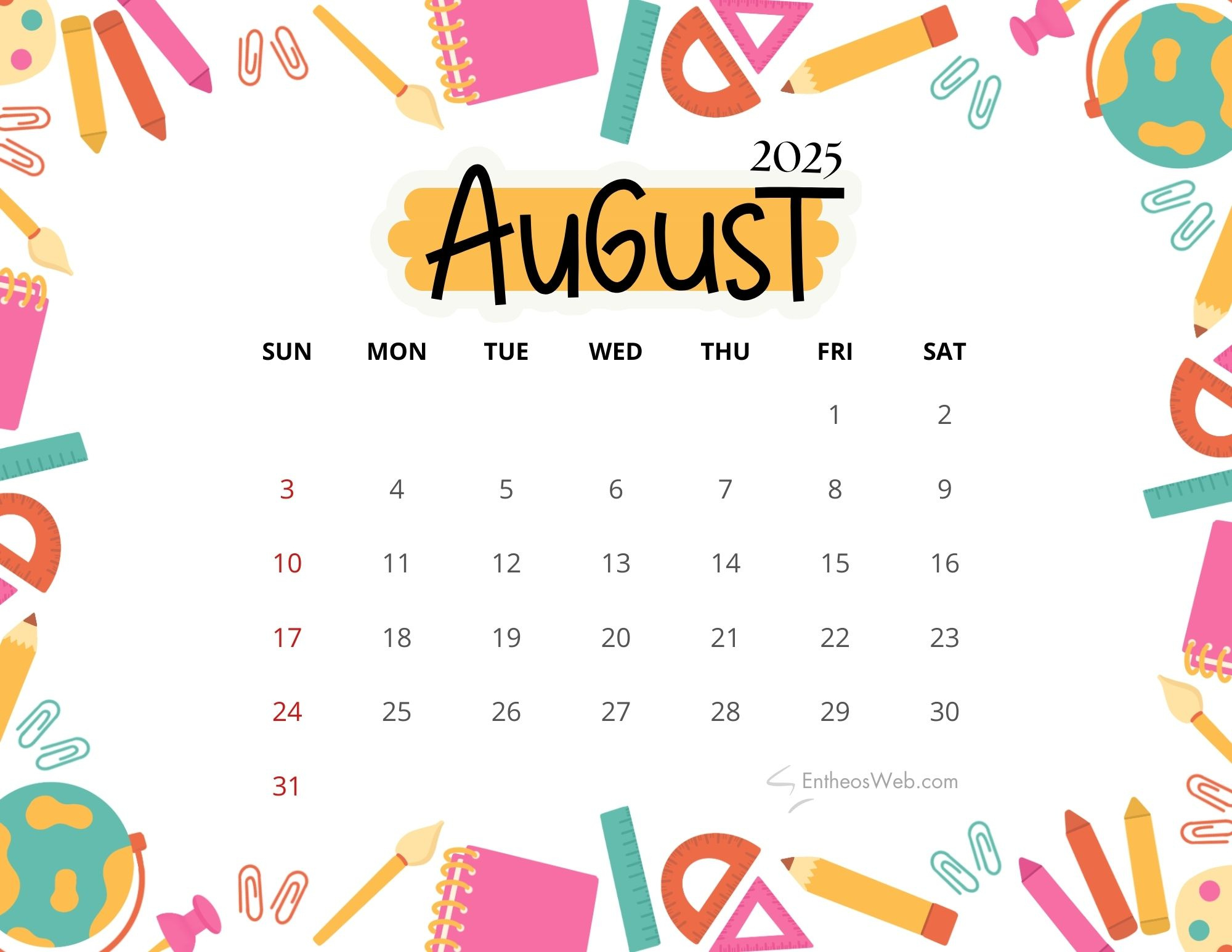 August 2025 Calendar Printables | Entheosweb with Cute August 2025 Calendar