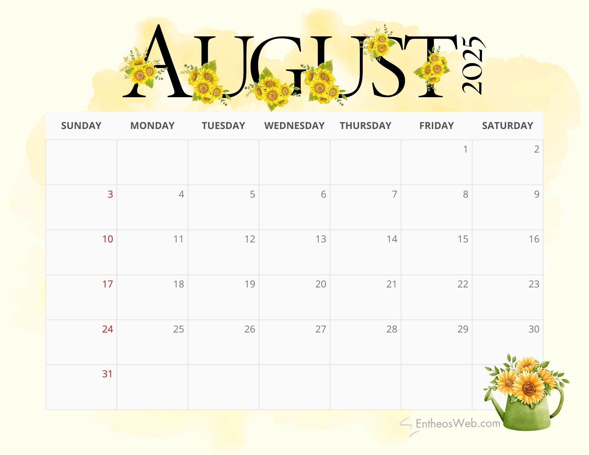 August 2025 Calendar Printables | Entheosweb with Cute August 2025 Calendar