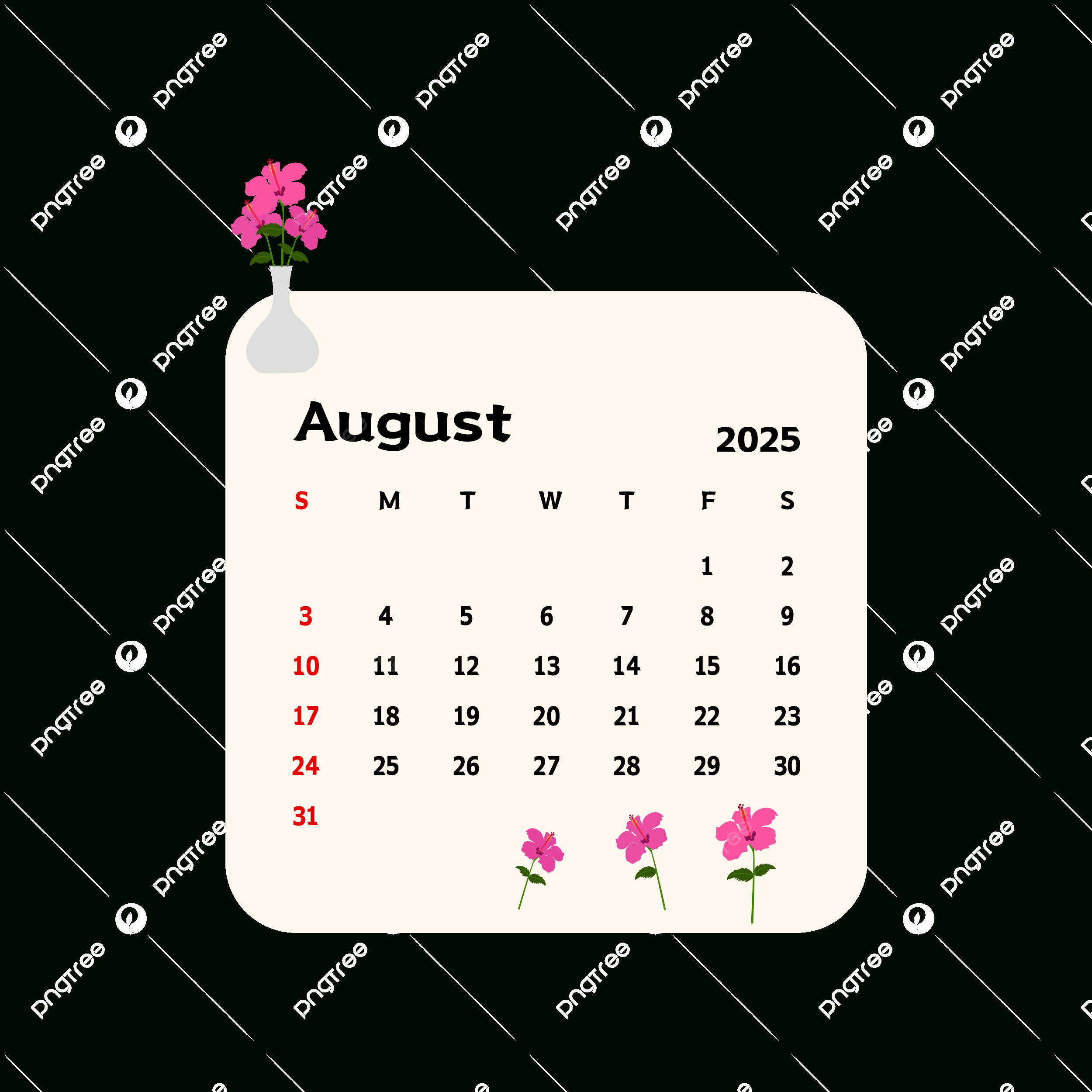 August 2025 Calendar With Cartoon Pink Flowers Vector, Calendar in August 2025 Calendar Clip Art