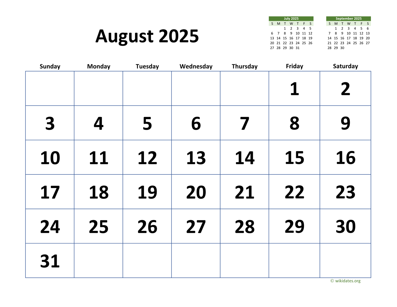 August 2025 Calendar With Extra-Large Dates | Wikidates pertaining to August 16 2025 Calendar