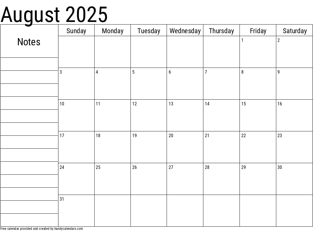 August 2025 Calendar With Notes - Handy Calendars pertaining to August 2025 Calendar Printable With Notes