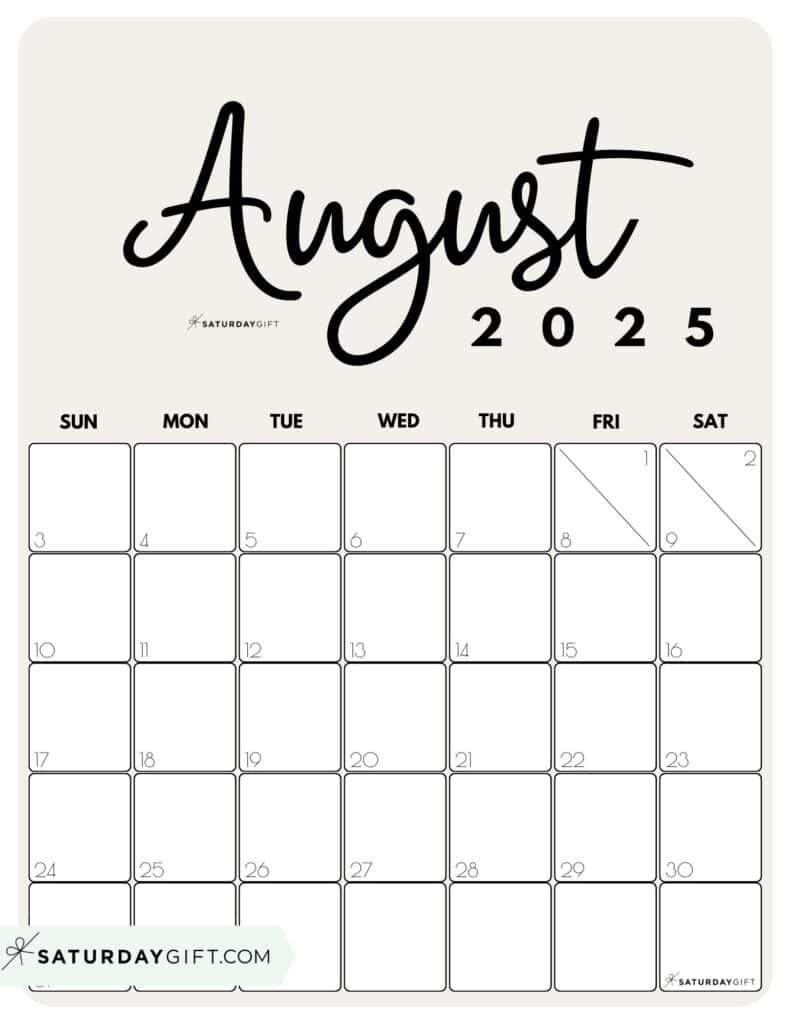 August 2025 Calendars - 23 Cute Free Printable Pdfs | Saturdaygift intended for August 2025 Vertical Calendar