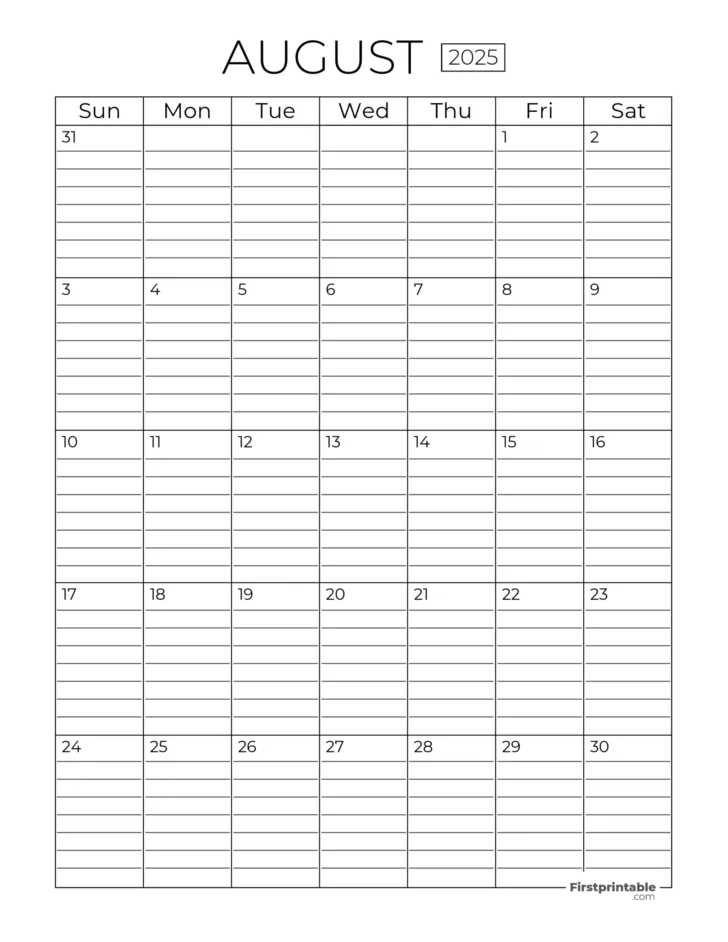 August 2025 Calendar with Lines