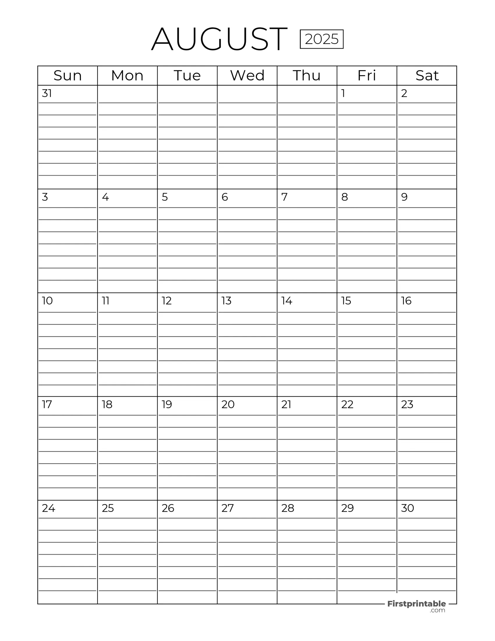 August 2025 Calendars - Free Printable &amp;amp; Fillable intended for August 2025 Calendar with Lines