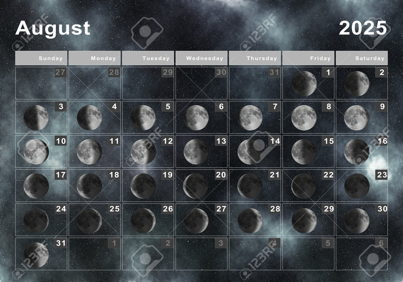 August 2025 Lunar Calendar, Moon Cycles, Moon Phases Stock Photo within August 2025 Moon Calendar