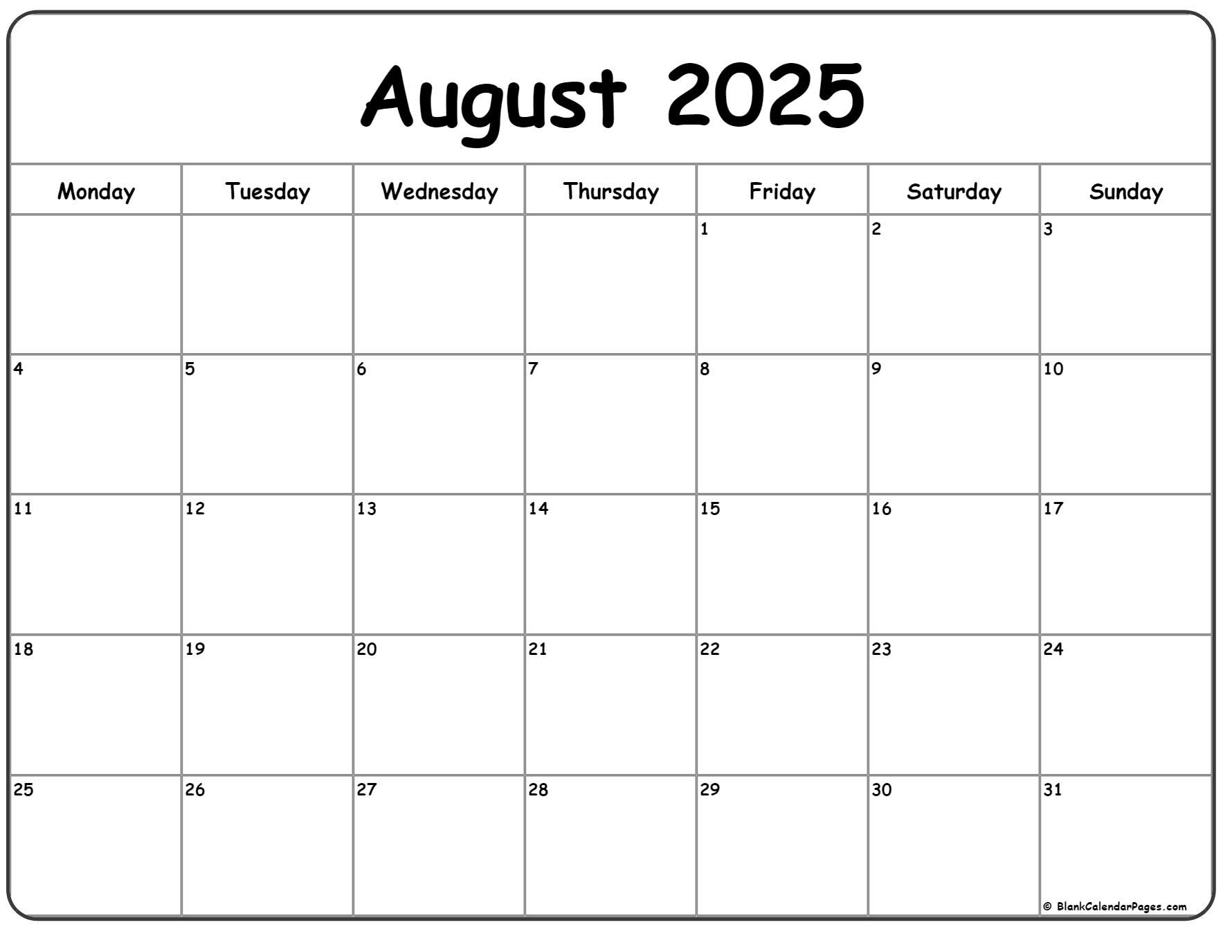 August 2025 Monday Calendar | Monday To Sunday for August 2025 Calendar Monday Start