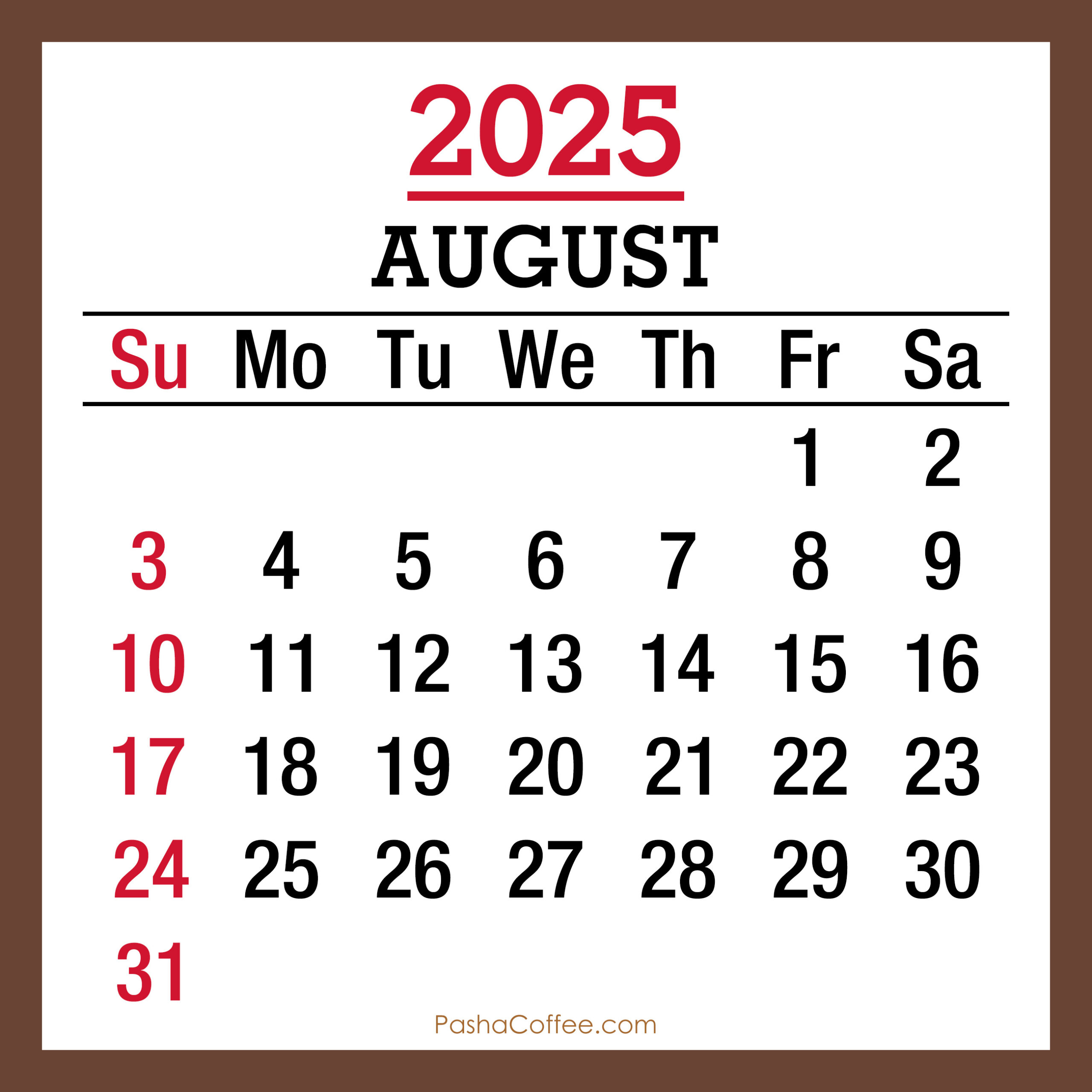 August 2025 Monthly Calendar, Printable Free, Brown, Sunday Start pertaining to August 24th 2025 Calendar