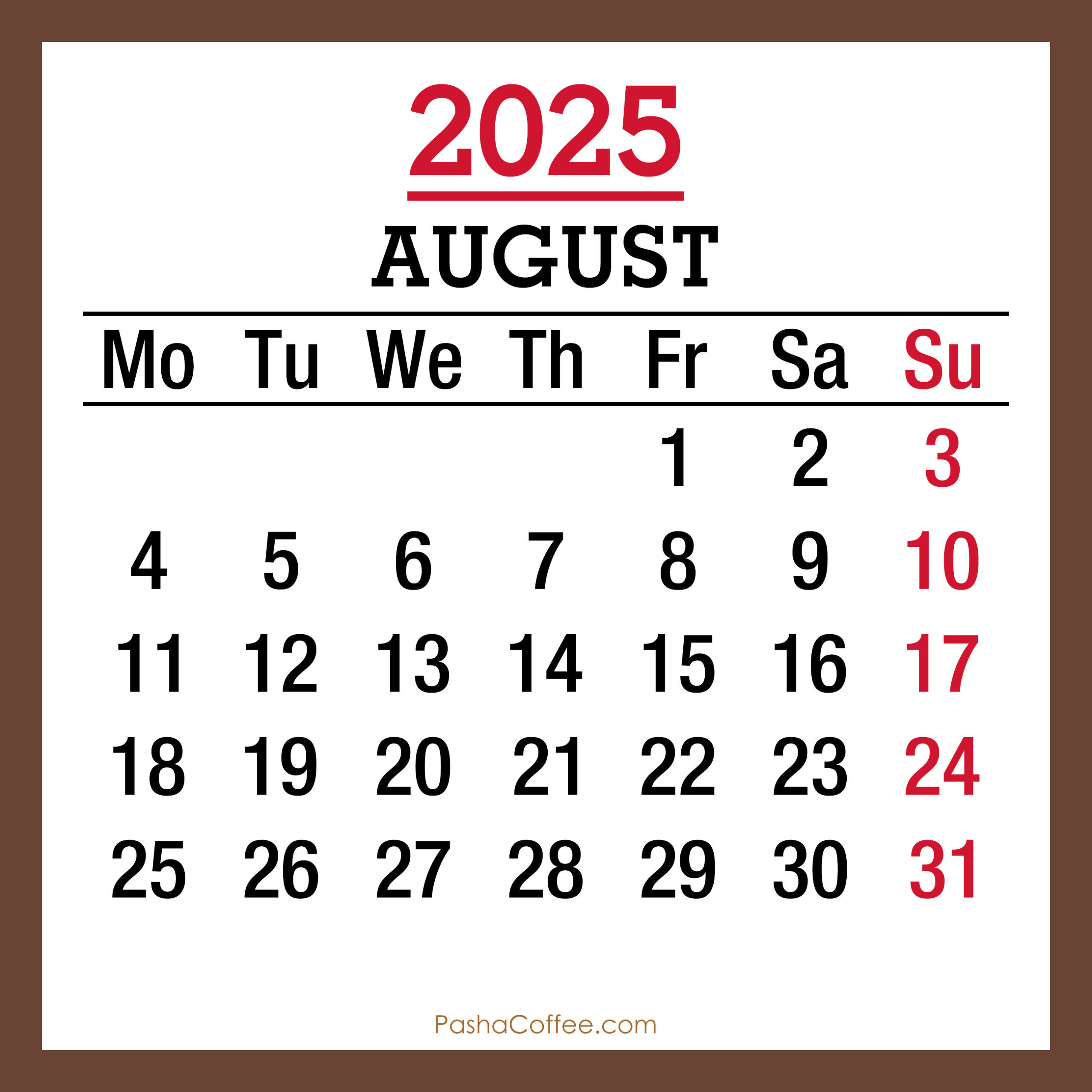August 2025 Monthly Calendar With Holidays, Printable Free, Brown within August 26 2025 Calendar