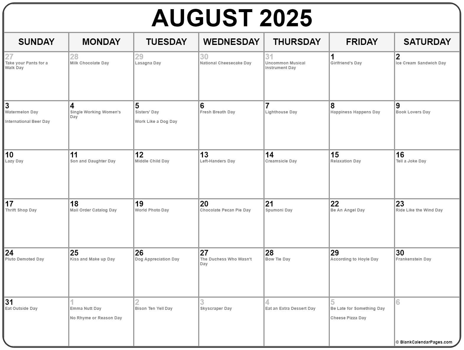 August 2025 With Holidays Calendar in August National Day Calendar 2025