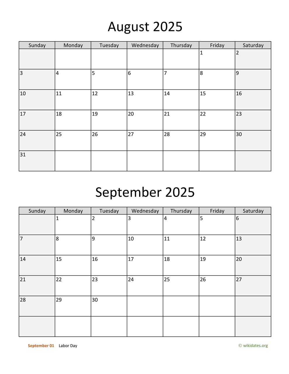 August And September 2025 Calendar | Wikidates intended for August Sept Oct 2025 Calendar