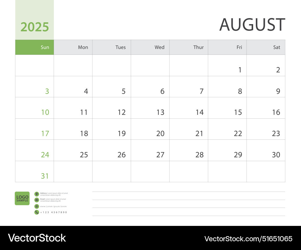August Design Planner Desk Calendar 2025 Vector Image for Flip Calendar Starting From August 2025