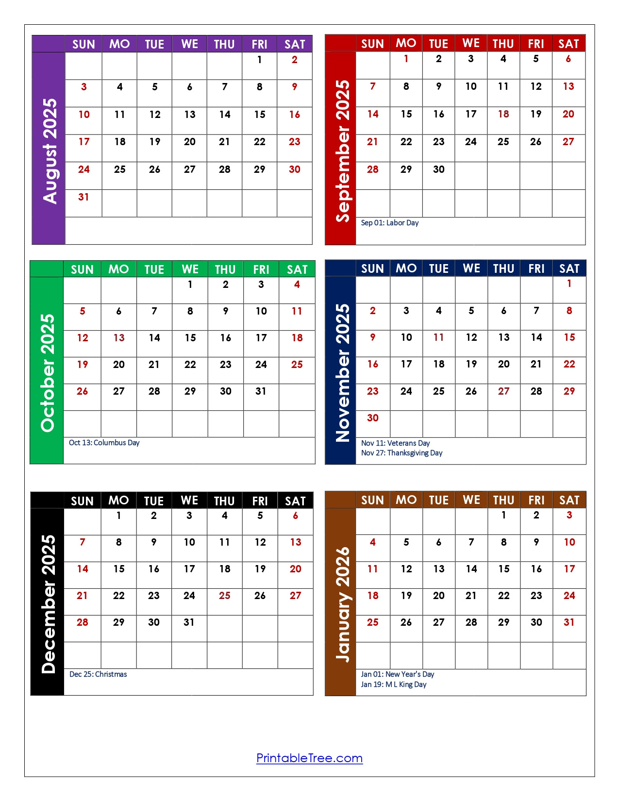 August To January 2026 Calendar Printable Pdf | Six Months Calendar within August 2025 - August 2026 Calendar