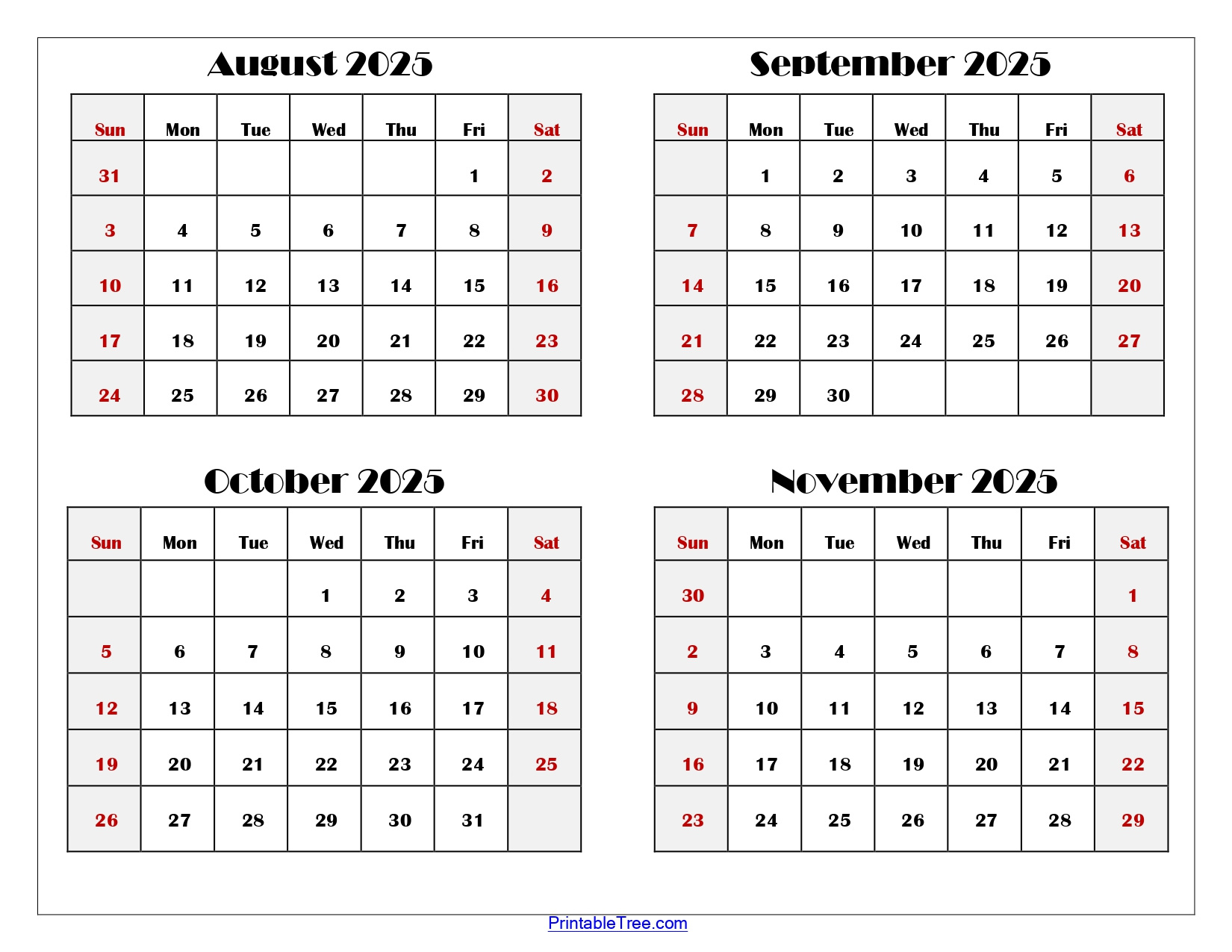 August To November 2025 Calendar Printable Pdf | Four Months Calendar for August to December 2025 Calendar