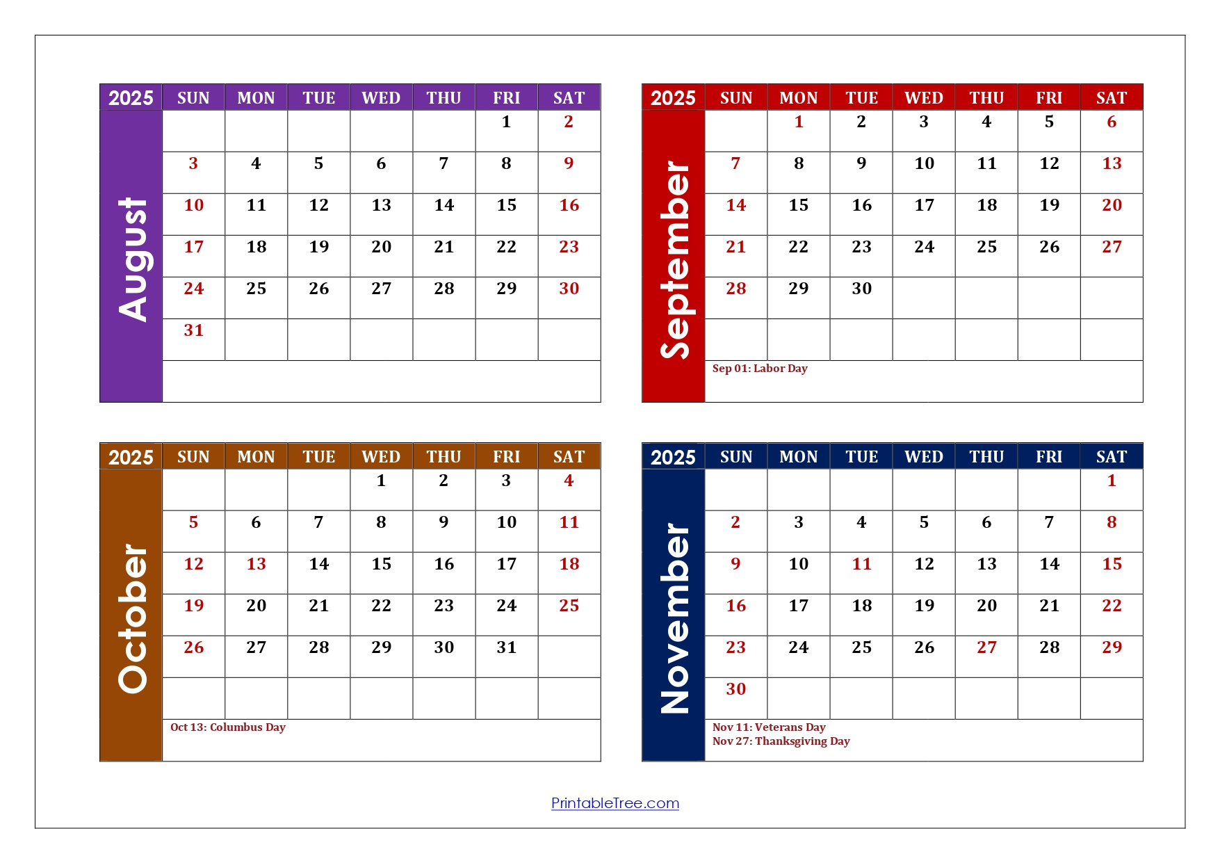 August To November 2025 Calendar Printable Pdf | Four Months Calendar with August September October November 2025 Calendar