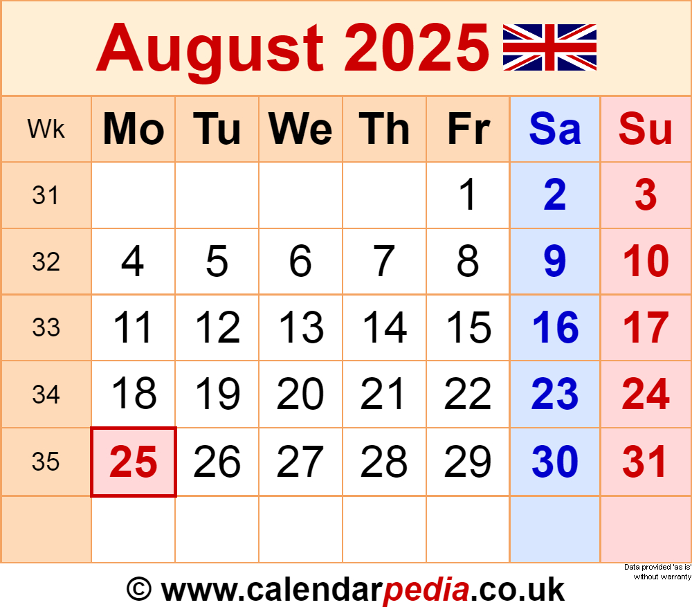 Calendar August 2025 Uk With Pdf, Excel And Word Templates in August 20 2025 Calendar