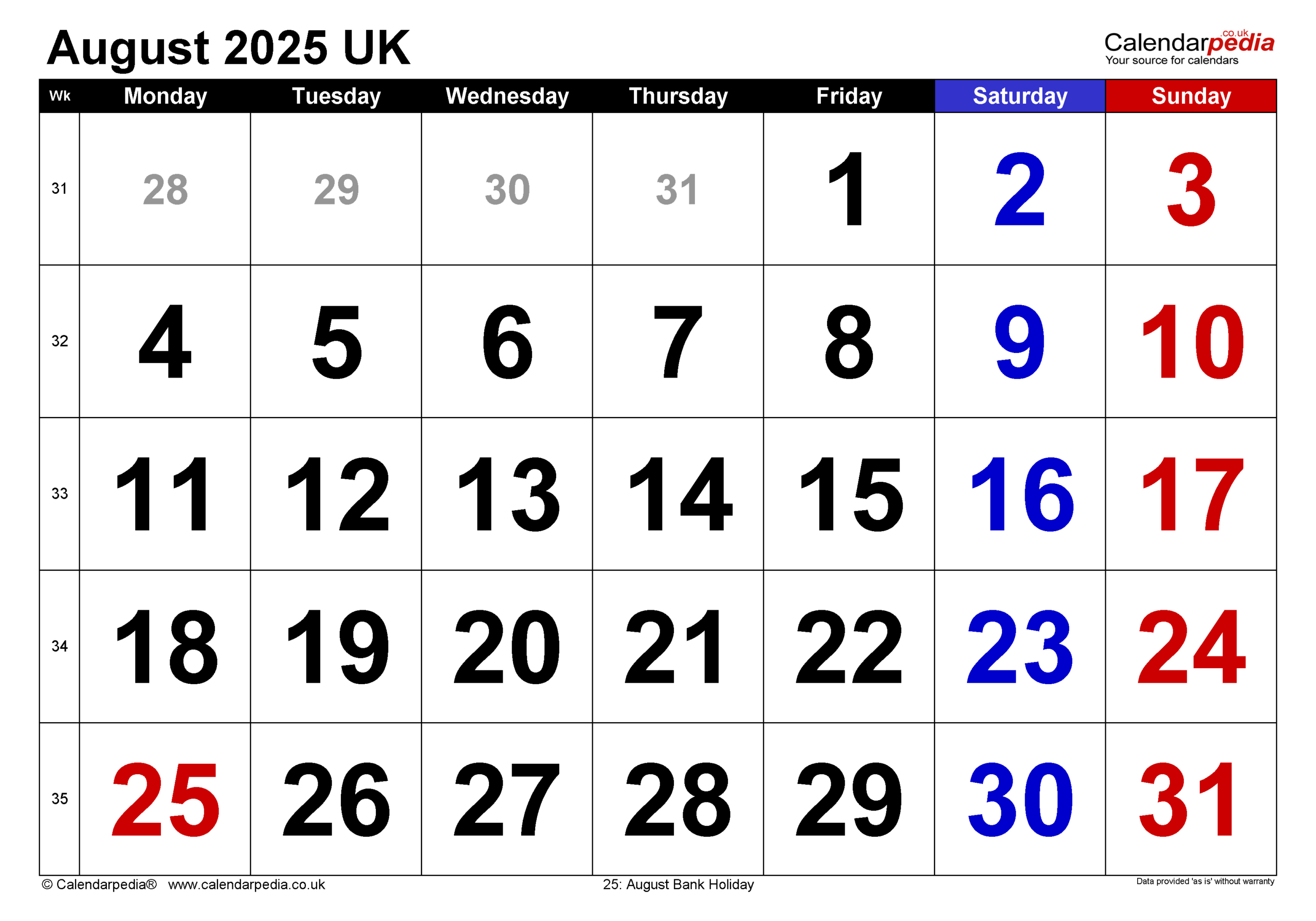 Calendar August 2025 Uk With Pdf, Excel And Word Templates in Calendar For August of 2025