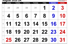 Calendar August 2025 Uk With Pdf, Excel And Word Templates inside August Weekly Calendar 2025