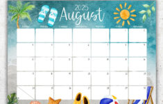 Editable August 2025 Calendar, Beautiful Summer, Beach, Sun, Flip with August 2025 Fillable Calendar