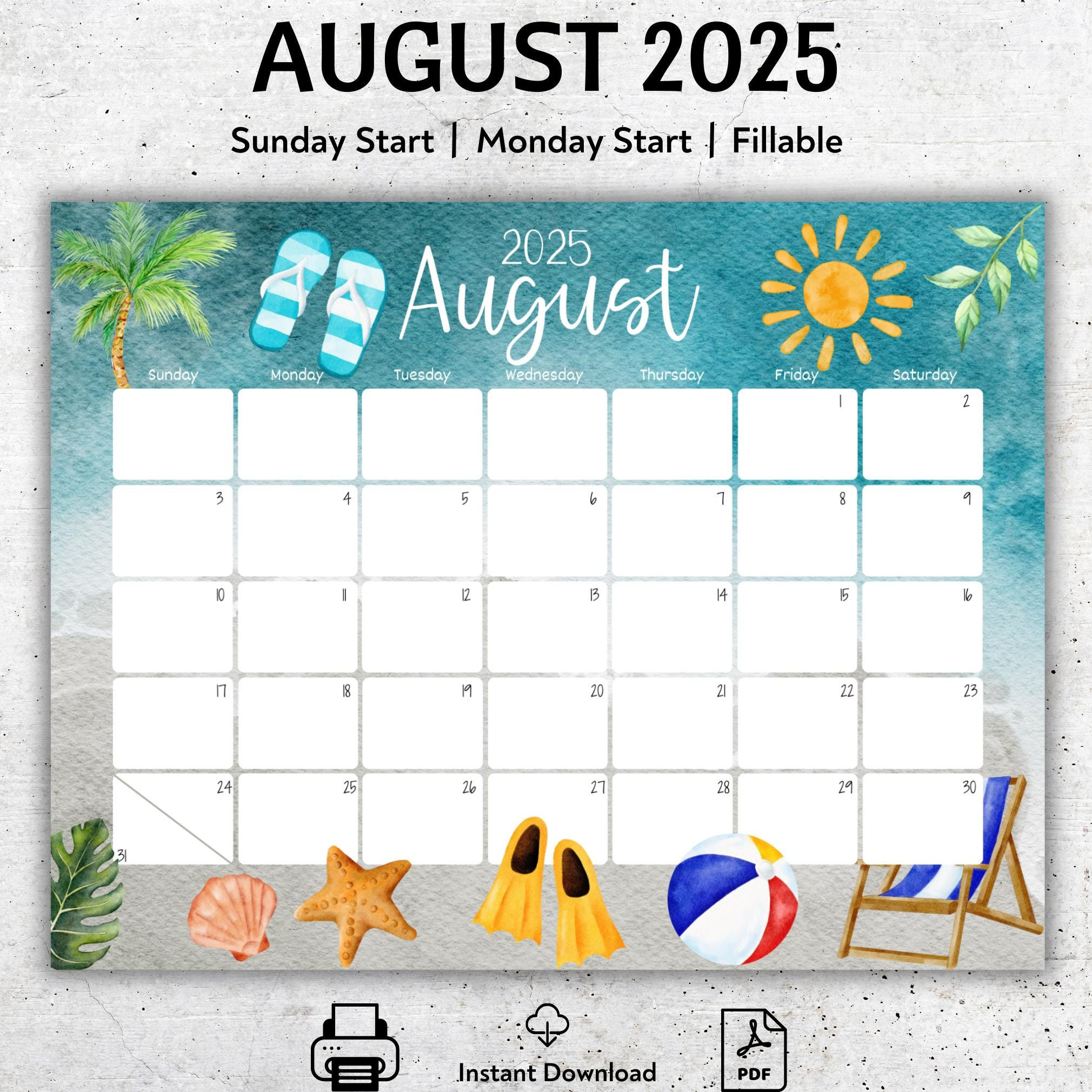 Editable August 2025 Calendar, Beautiful Summer, Beach, Sun, Flip with August 2025 Fillable Calendar