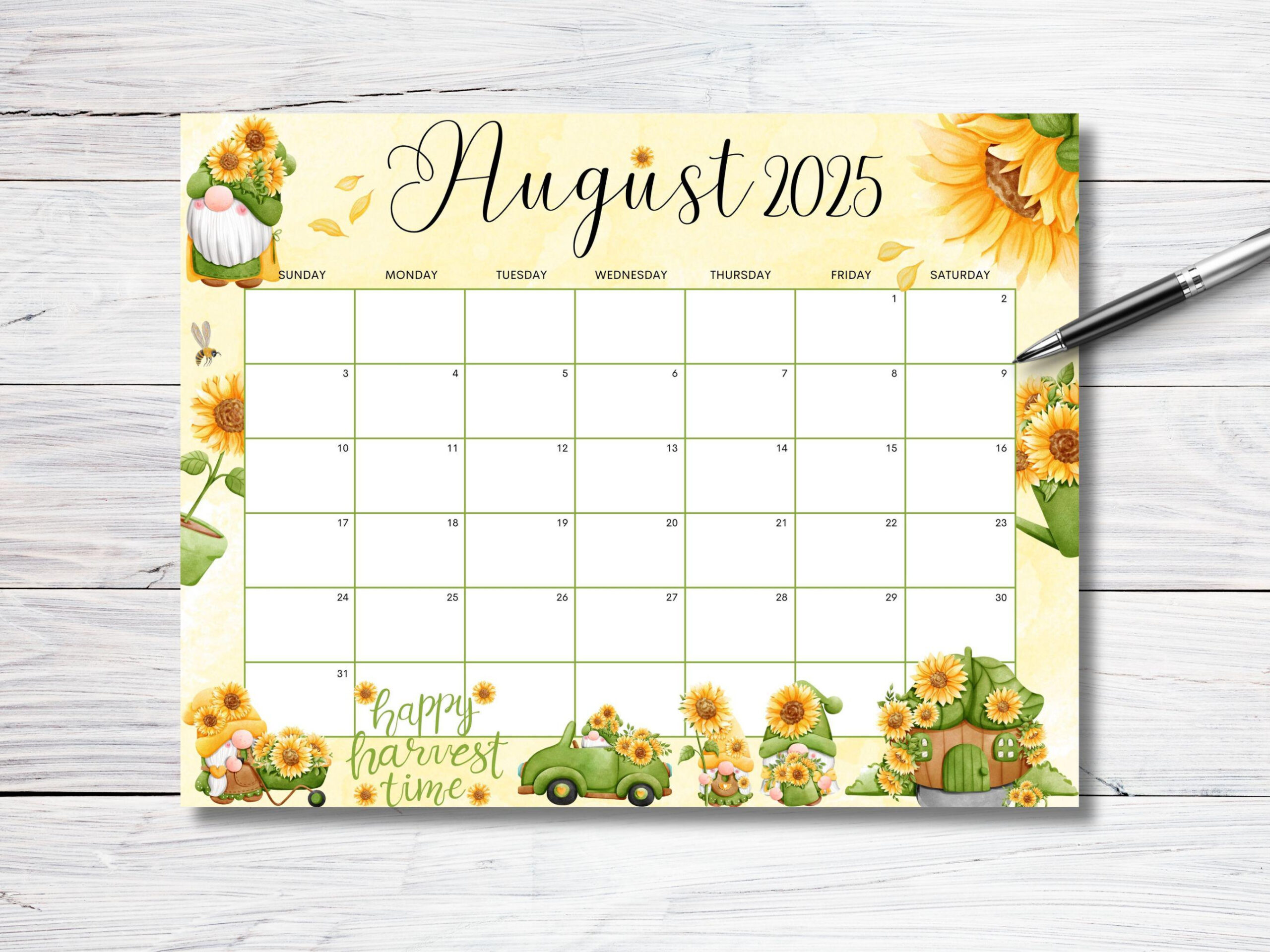 Editable August 2025 Calendar, Sunflower Gnome Garden Planner in Editable August 2025 Calendar