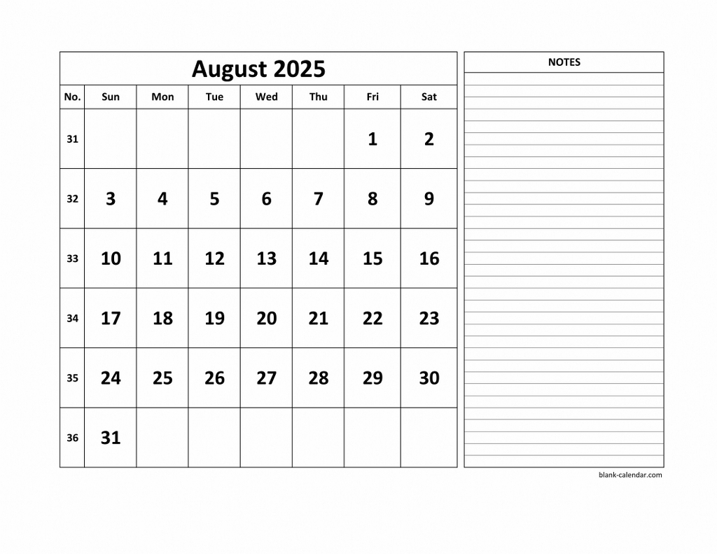 Free Download Printable August 2025 Calendar, Large Space For for August 2025 Calendar Printable With Notes