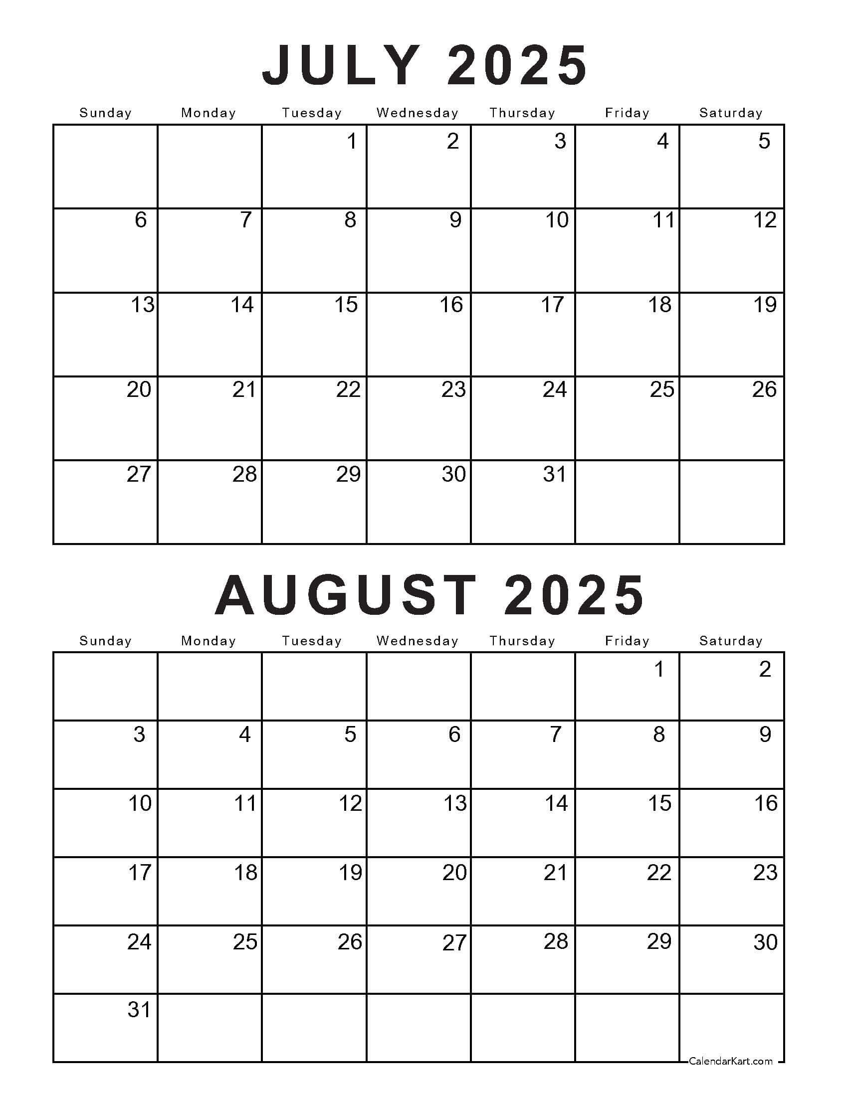 Free Printable July August 2025 Calendar | Calendarkart pertaining to August 7 2025 Calendar
