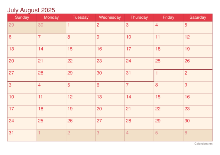 August to August 2025 Calendar