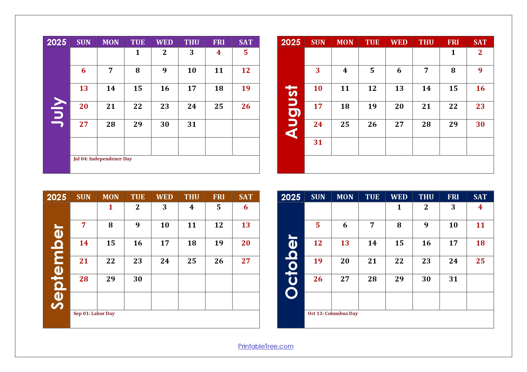 July To October 2025 Calendar Printable Pdf | Four Months Calendar inside August To October 2025 Calendar Printable