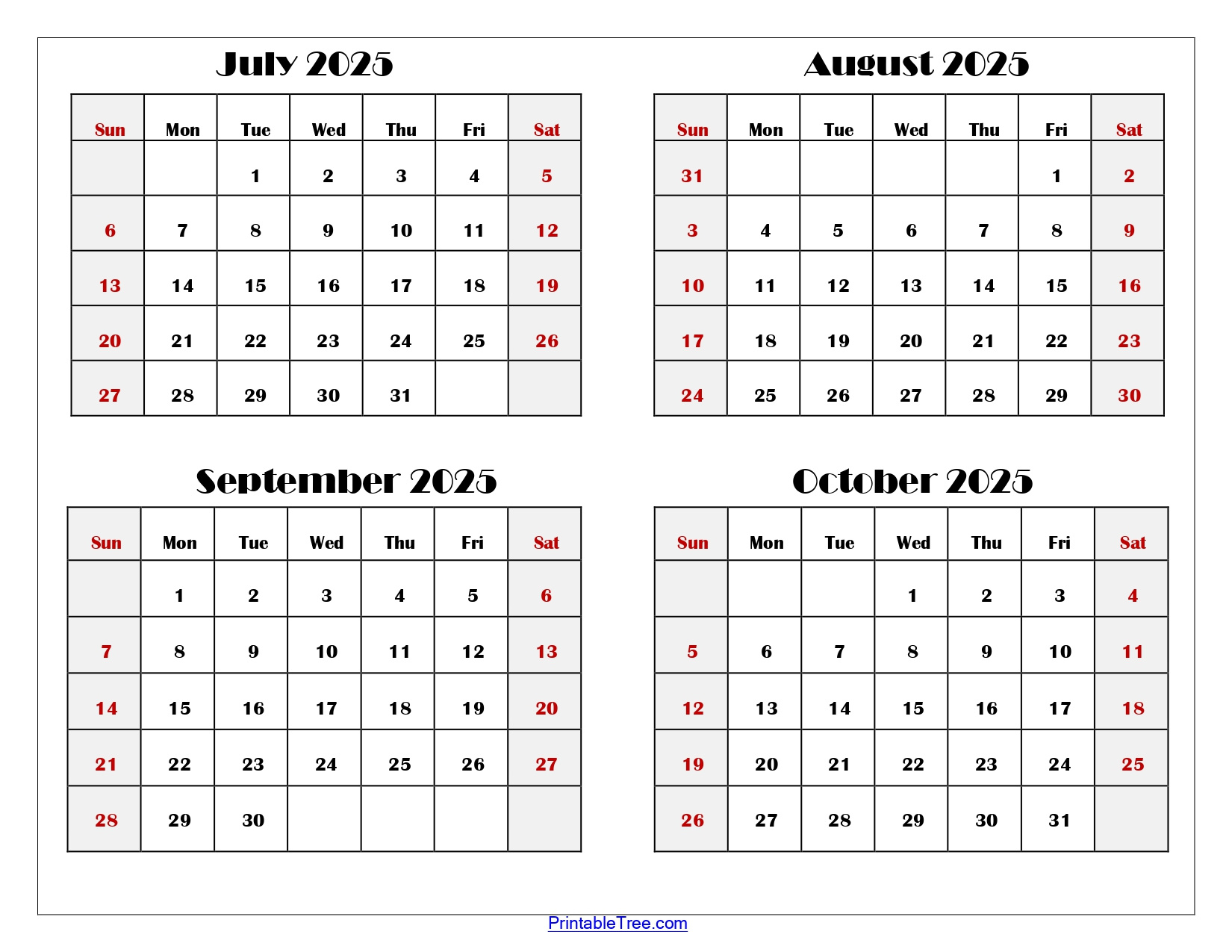 July To October 2025 Calendar Printable Pdf | Four Months Calendar with August Sept Oct 2025 Calendar