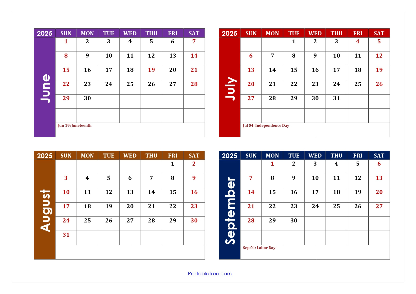 June To September 2025 Calendar Printable Pdf | Four Months Calendar in June August 2025 Calendar