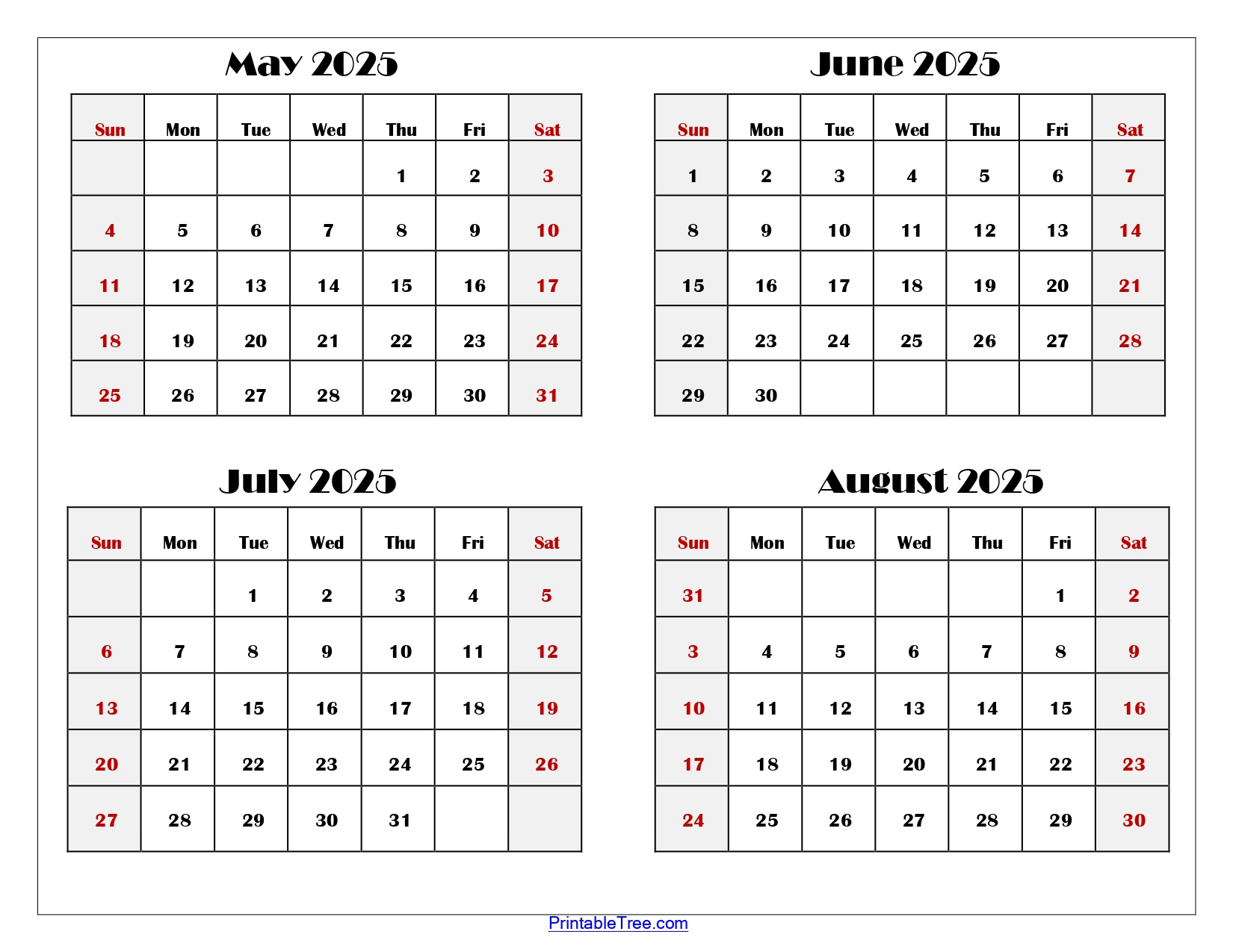 May To August 2025 Calendar Printable Pdf | Four Months Calendar with August 2025 to May 2026 Calendar Printable