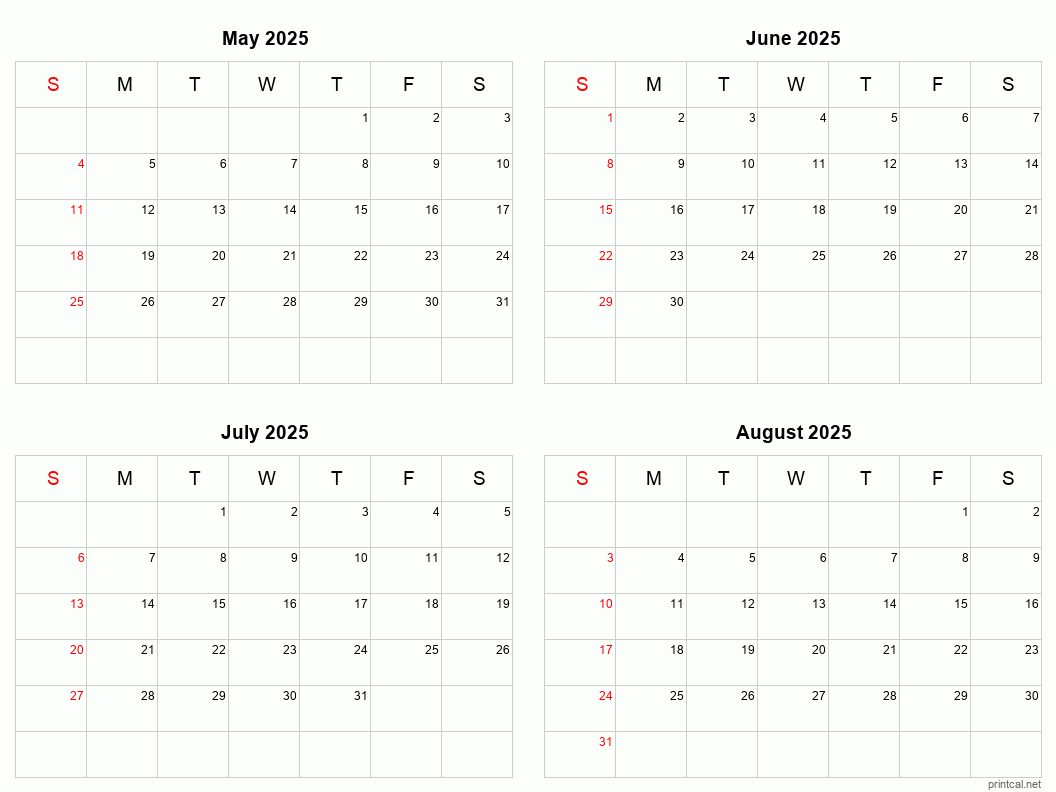 May To August 2025 Printable Calendar | Four Months Per Page within May Through August 2025 Calendar