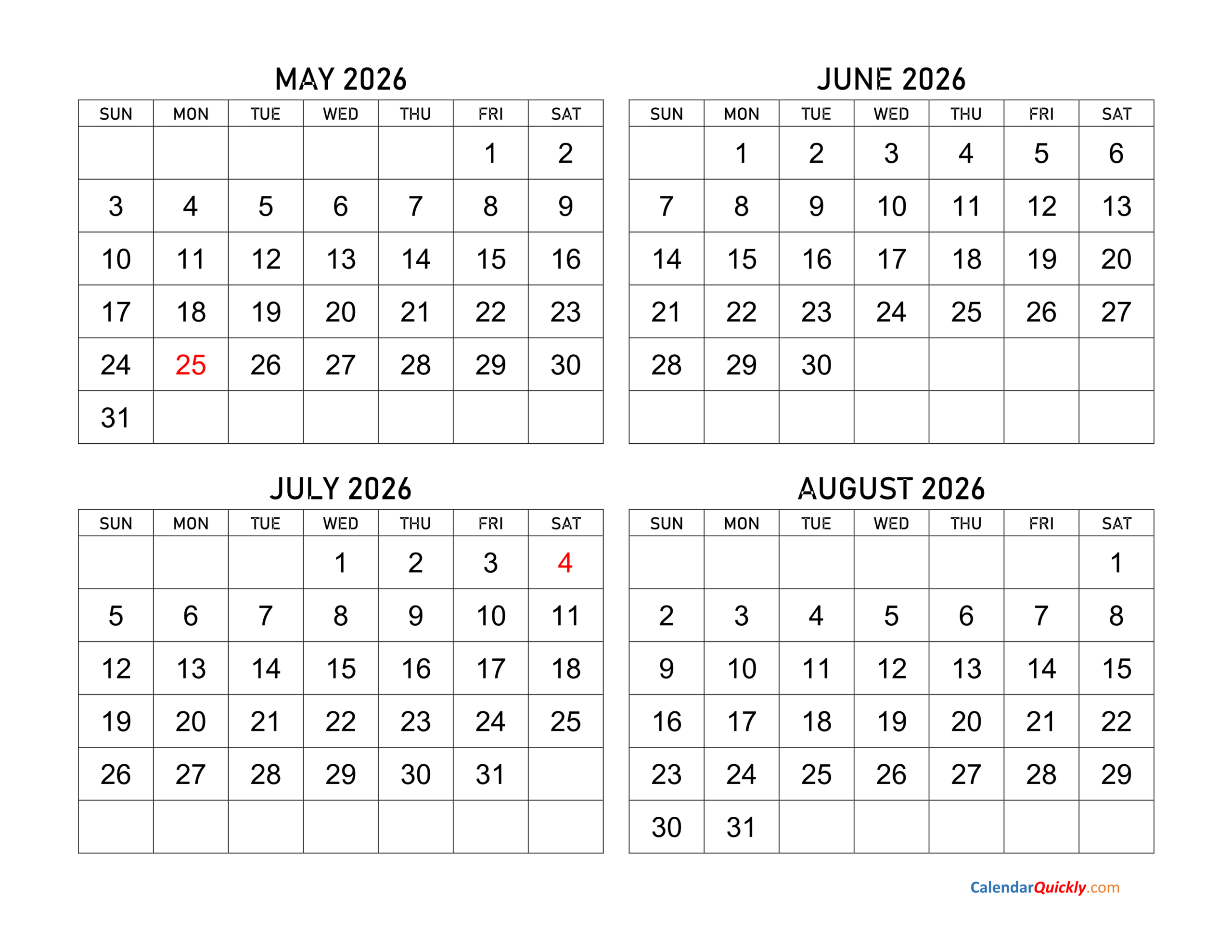 May To August 2026 Calendar | Calendar Quickly inside August 2025 - May 2026 Calendar