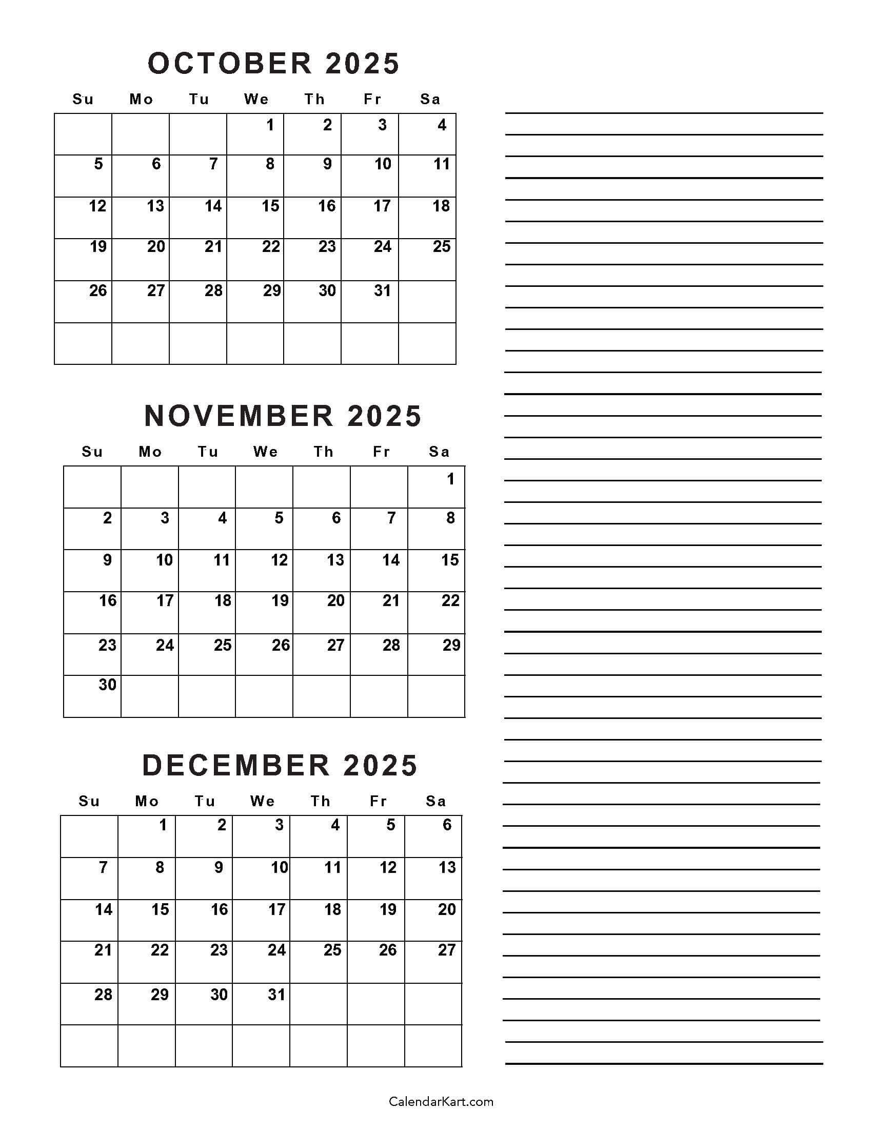 October To December 2025 Calendar (Q4) - Calendarkart within August September October November December 2025 Calendar