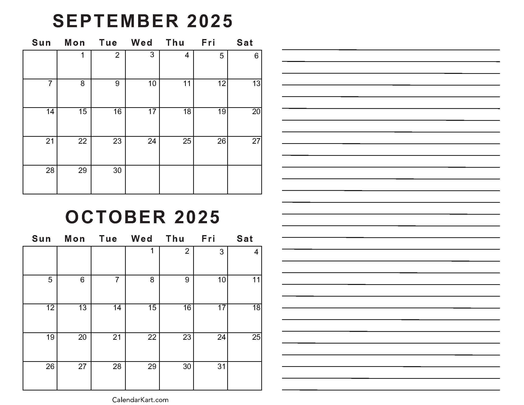 Printable September October 2025 Calendar | Calendarkart with August September October Calendar 2025 Printable