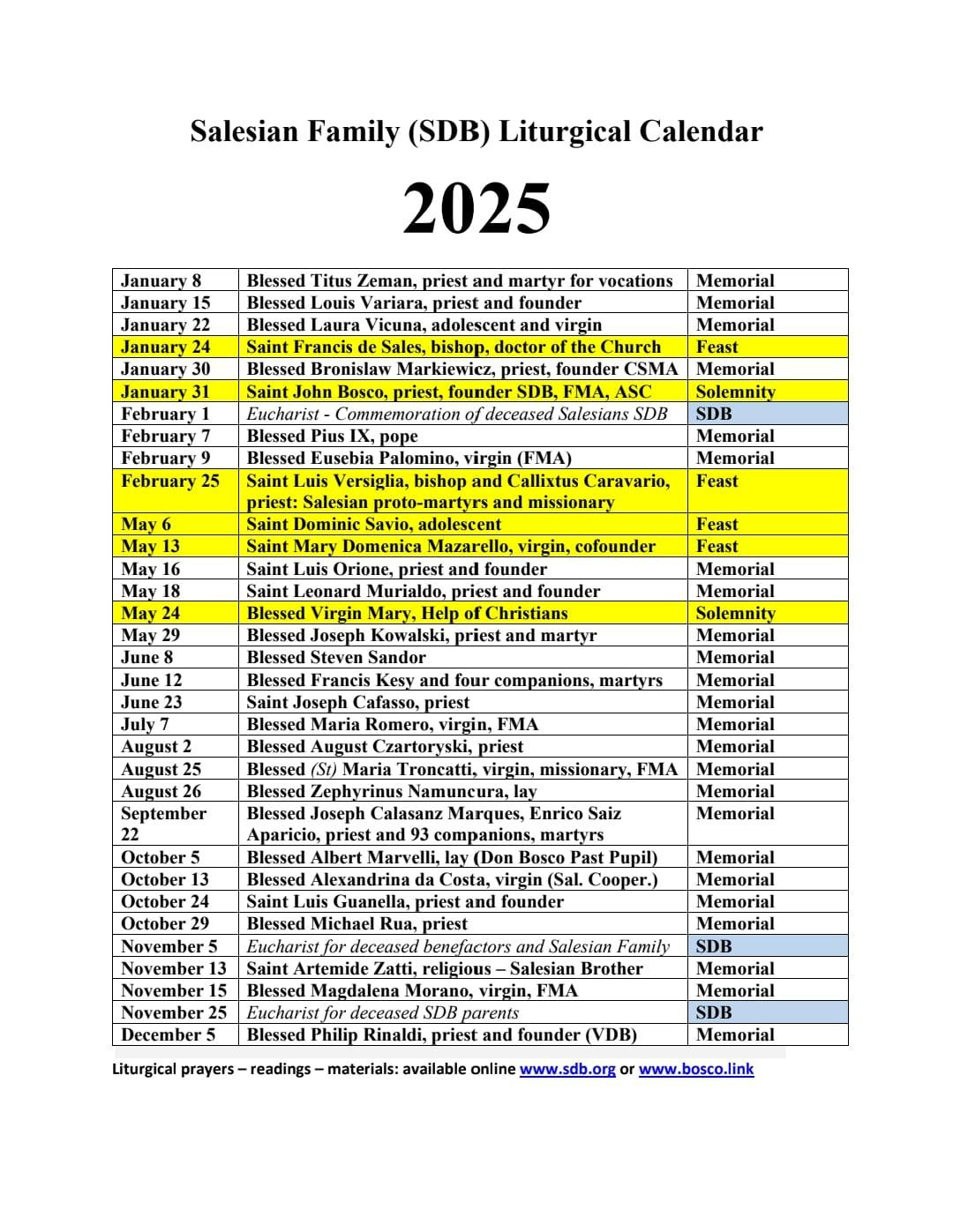 Resource - 2025 Salesian Family Calendar - Liturgy Prayer Intentions with August Saints Calendar 2025
