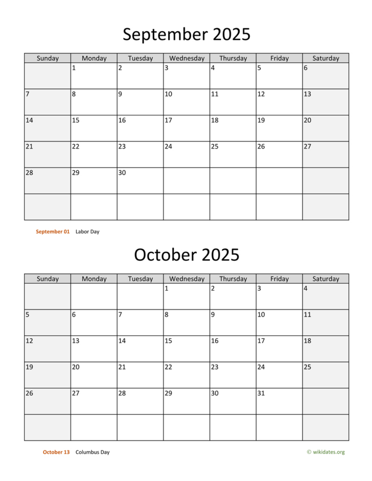 August September October Calendar 2025