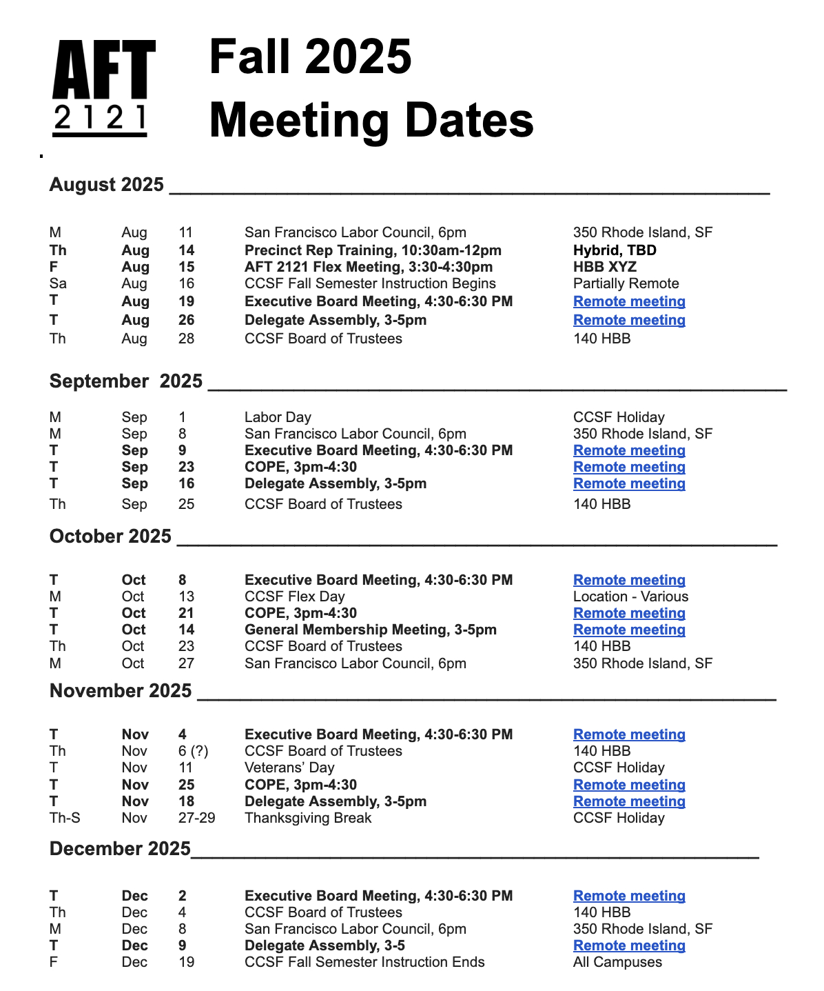 Tech Reporting Form | Aft 2121 in Ccsf August 2025 Calendar