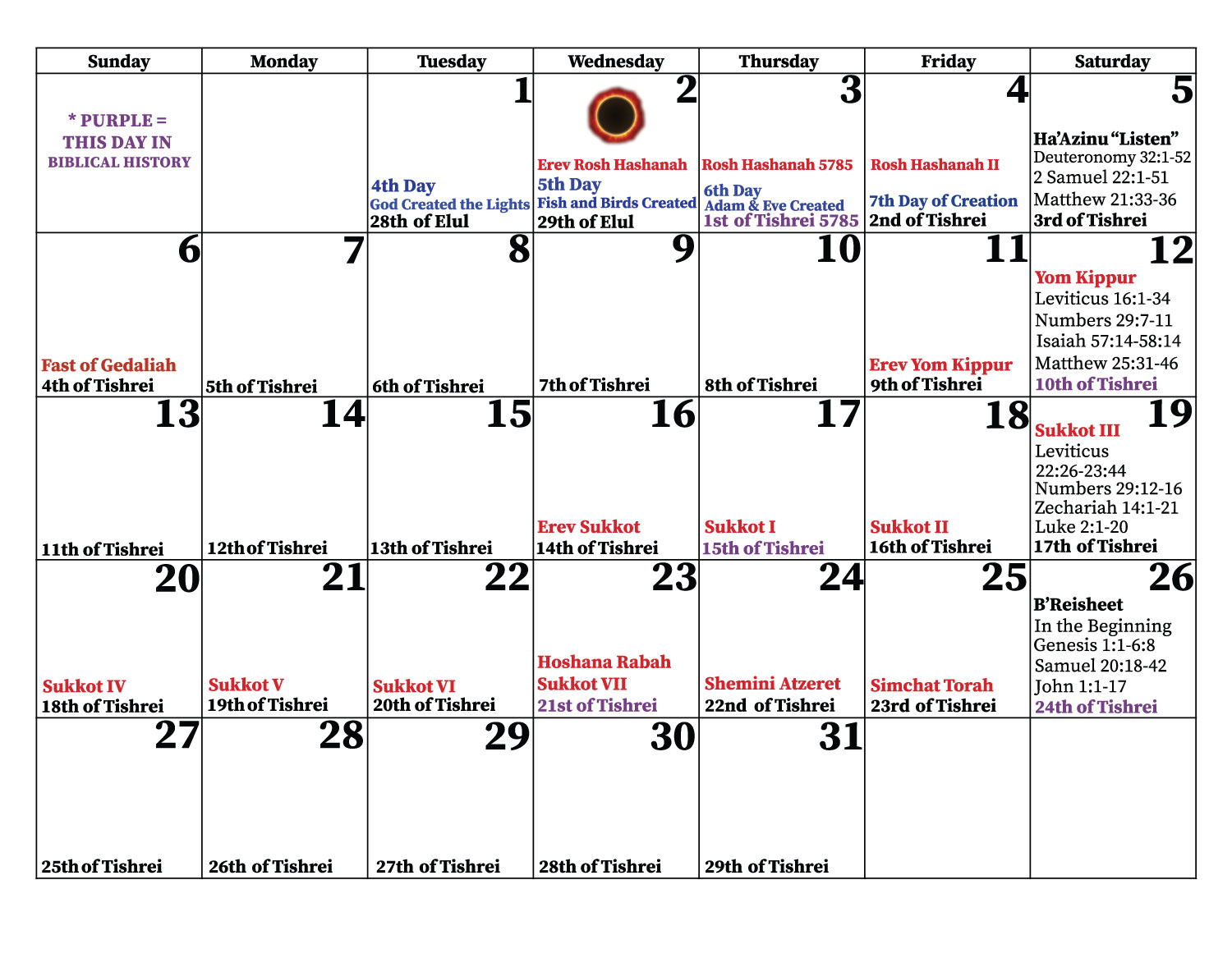2024-2025 The Heavens Declare Biblical Printed Calendar with Chabad Calendar October 2025