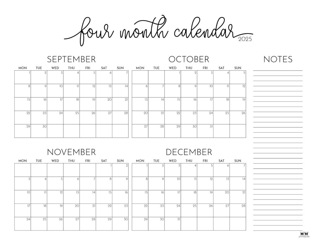 2025 Four Month Calendars - 31 Free Printables | Printabulls within Printable Calendar September October November 2025