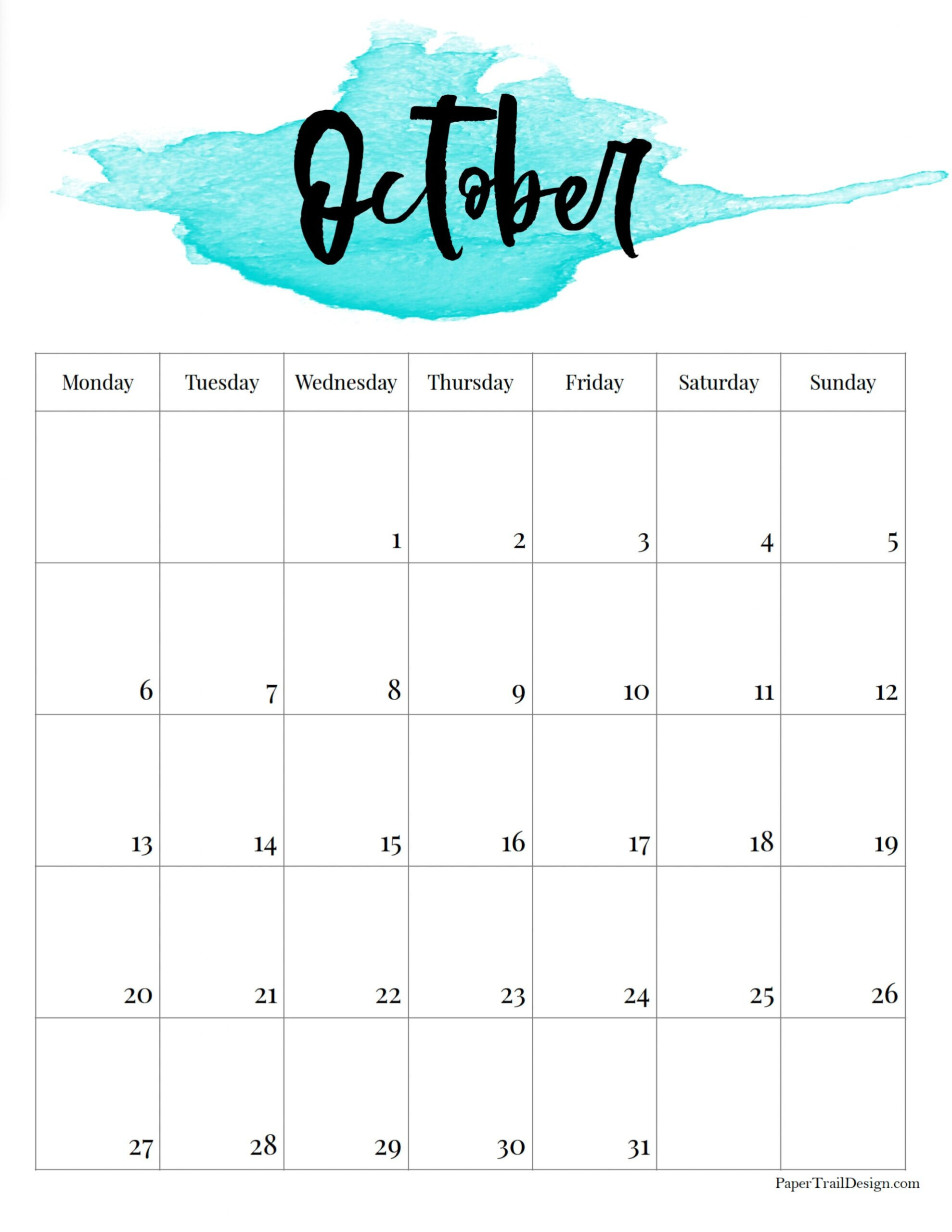 2025 Monday Start Watercolor Calendar - Paper Trail Design with October 2025 Calendar Monday Start