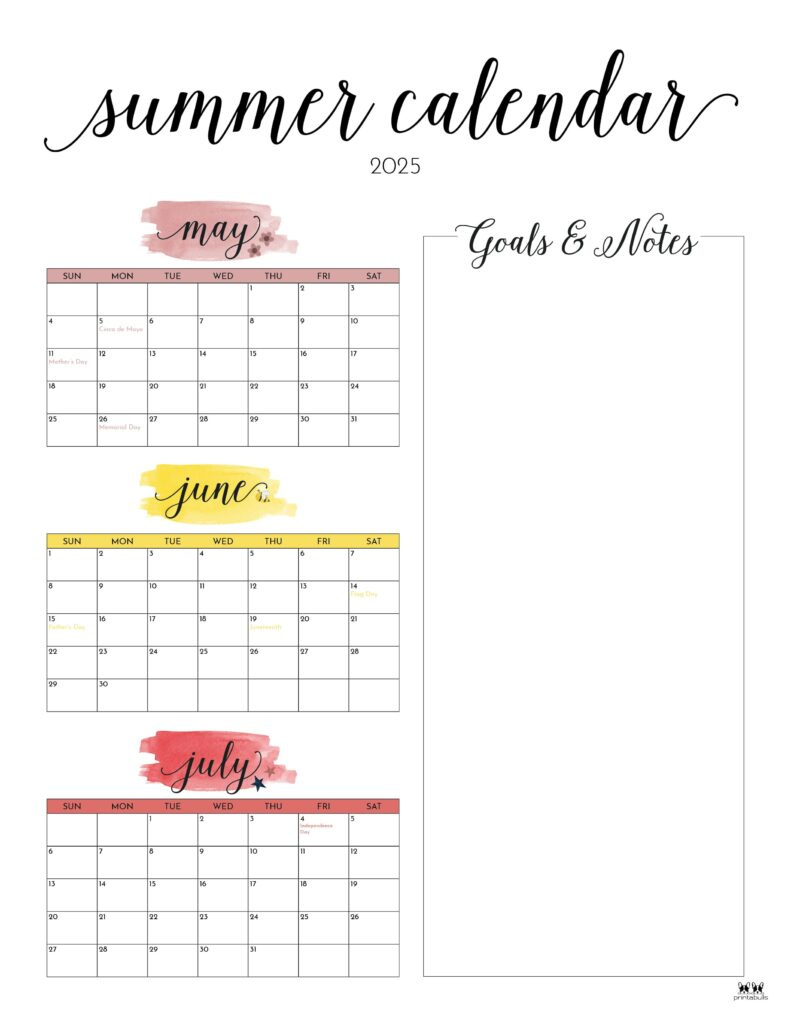 2025 Summer Calendars - 27 Free Printables | Printabulls with Summer Calendar 2025 Printable