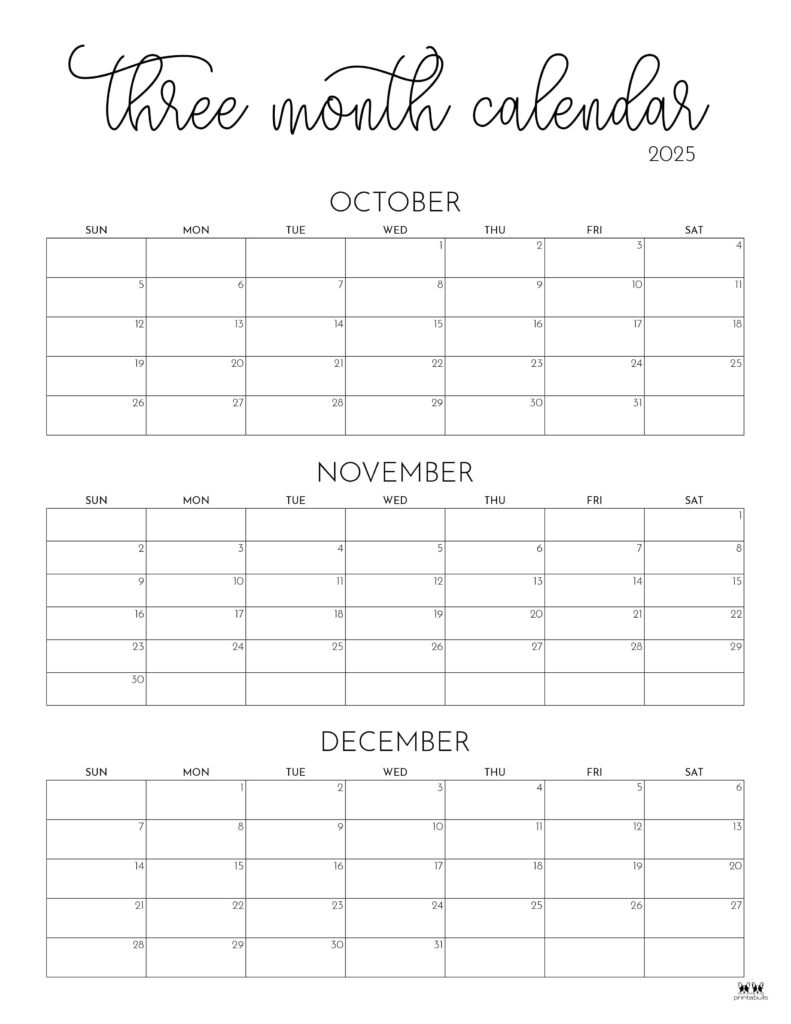 2025 Three Month/Quarterly Calendars - 36 Free Cals | Printabulls inside 3 Month Calendar September October November 2025