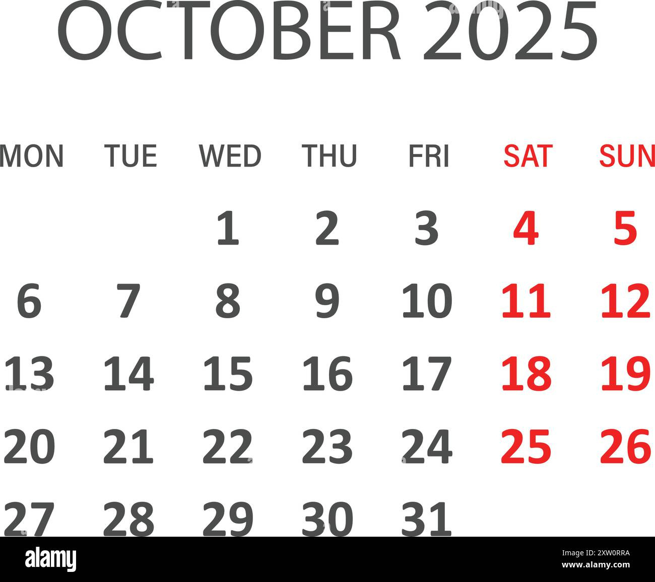 Calendar October 2025 Icon In Flat Style. Planner Vector with Clip Art October Calendar 2025