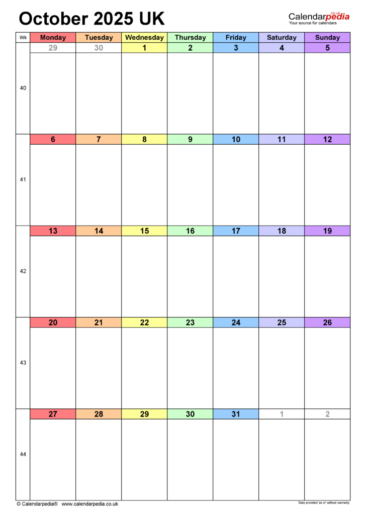 October Calendar 2025 Printable Word