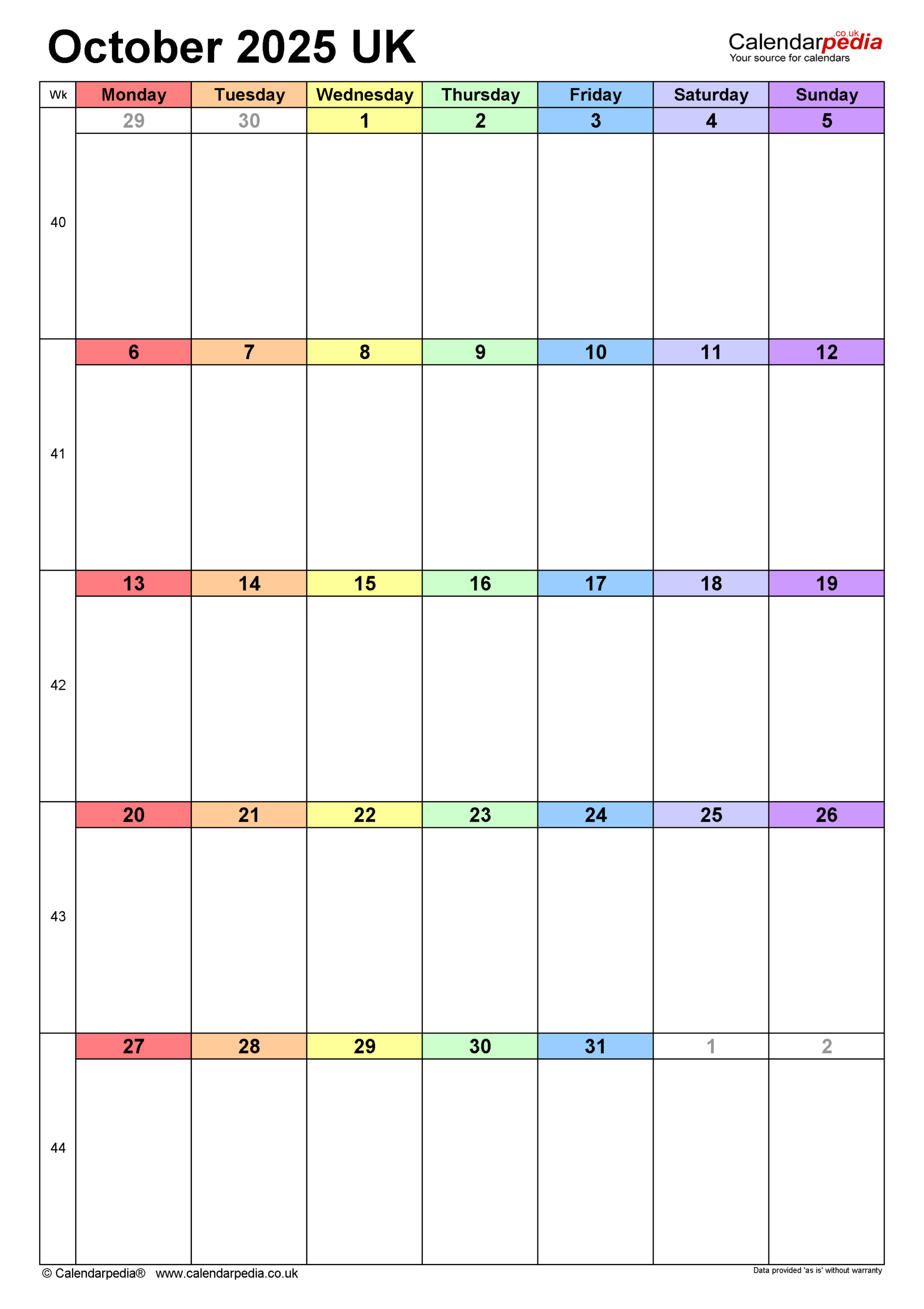 Calendar October 2025 Uk With Pdf, Excel And Word Templates within October Calendar 2025 Printable Word