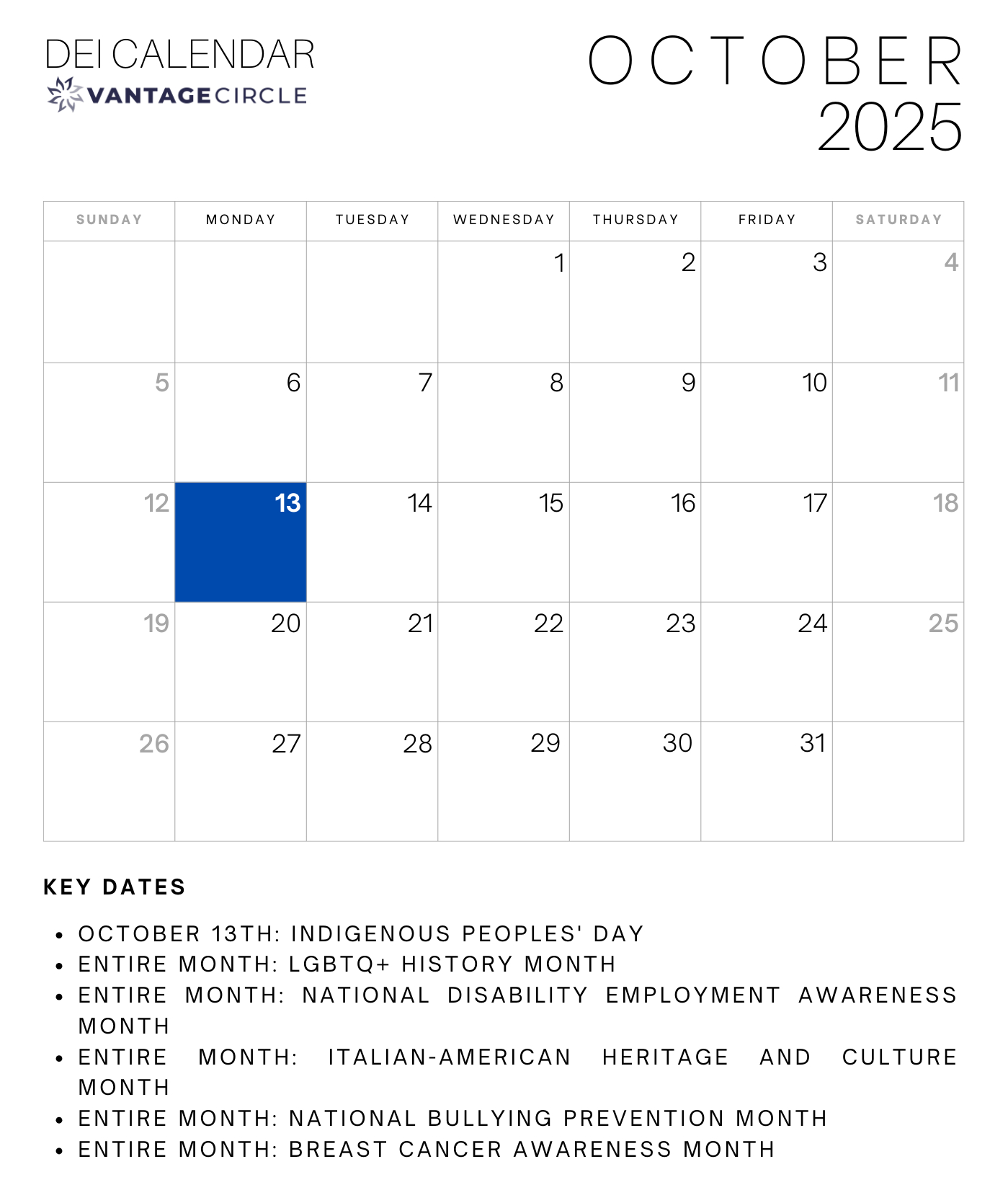 Dei Calendar 2025: Key Dates For Celebrating Diversity And with October Dei Calendar 2025